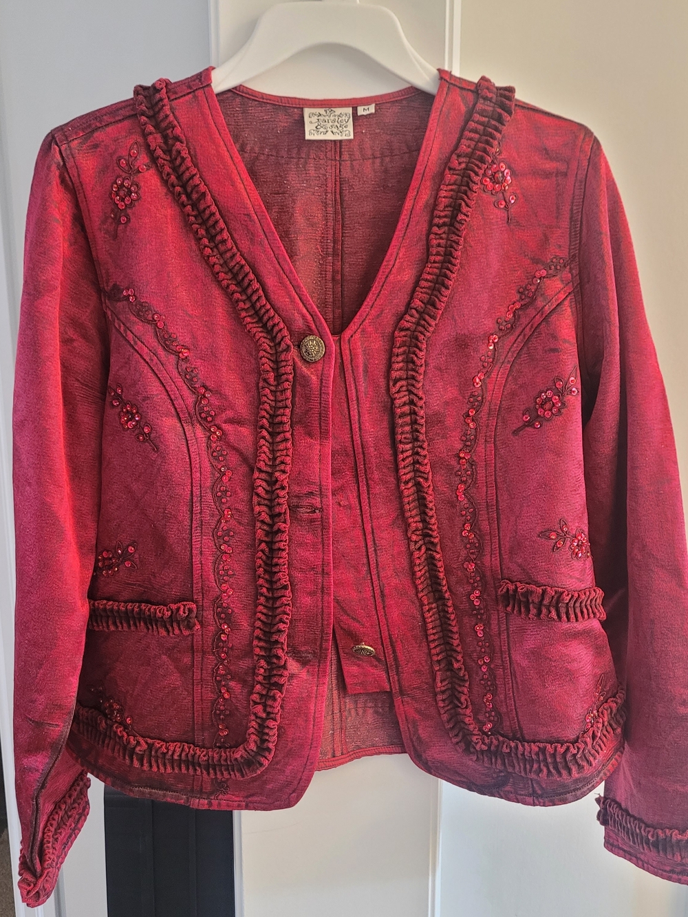Parsley & Sage Embellished Ruffle Trim Jacket | Boho Artsy Cardigan | Medium - Picture 4 of 12